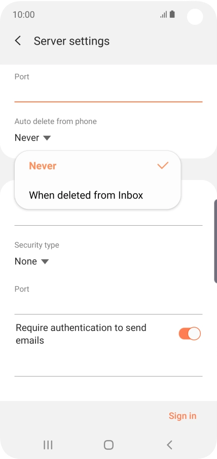 Press Never to keep email messages on the server when you delete them on your phone. Press Never to keep email messages on the server when you delete them on your phone.