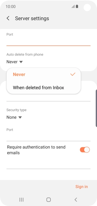 Press Never to keep email messages on the server when you delete them on your phone. Press Never to keep email messages on the server when you delete them on your phone.