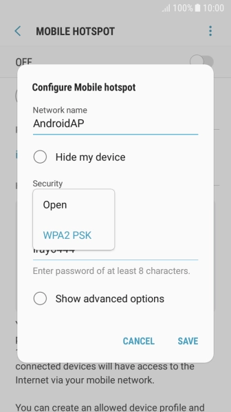 Press WPA2 PSK to password protect your Wi-Fi hotspot. Press WPA2 PSK to password protect your Wi-Fi hotspot.