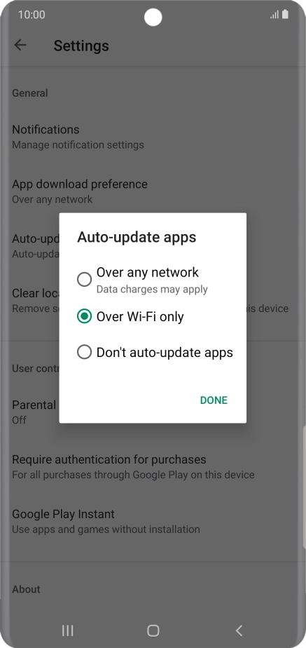 To turn on automatic update of apps using mobile network, press Over any network. To turn on automatic update of apps using mobile network, press Over any network.