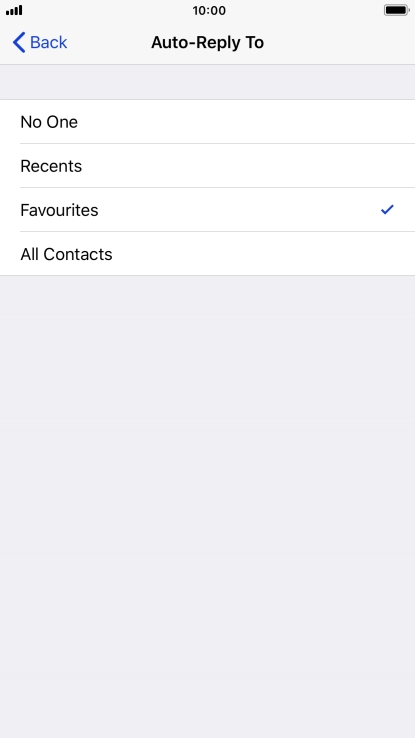 Press the required setting to select which contacts should automatically be notified that Do Not Disturb While Driving is turned on. Press the required setting to select which contacts should automatically be notified that Do Not Disturb While Driving is turned on.