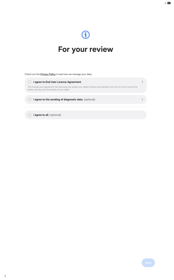 Press the fields next to the required settings to select them. Press the fields next to the required settings to select them.