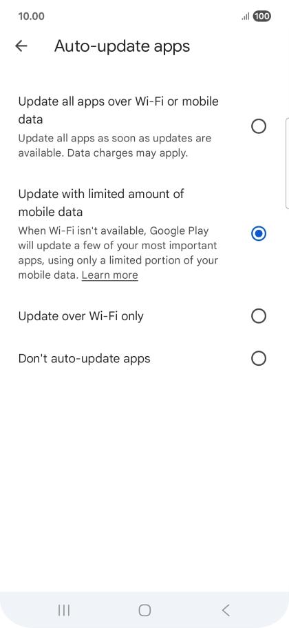 To turn on automatic update of apps using mobile network, press Update all apps over Wi-Fi or mobile data. To turn on automatic update of apps using mobile network, press Update all apps over Wi-Fi or mobile data.