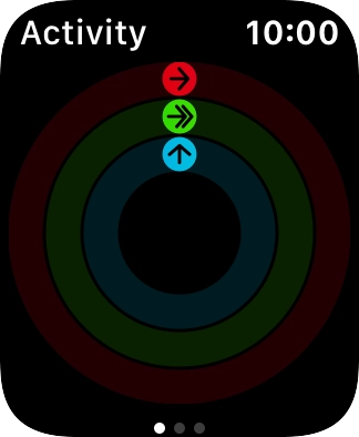The screen will tell you how far you are from completing your daily activity goals. When the coloured rings are closed, you've reached the goals of your daily activity. The screen will tell you how far you are from completing your daily activity goals. When the coloured rings are closed, you've reached the goals of your daily activity.