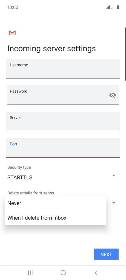 Press Never to keep email messages on the server when you delete them on your phone. Press Never to keep email messages on the server when you delete them on your phone.