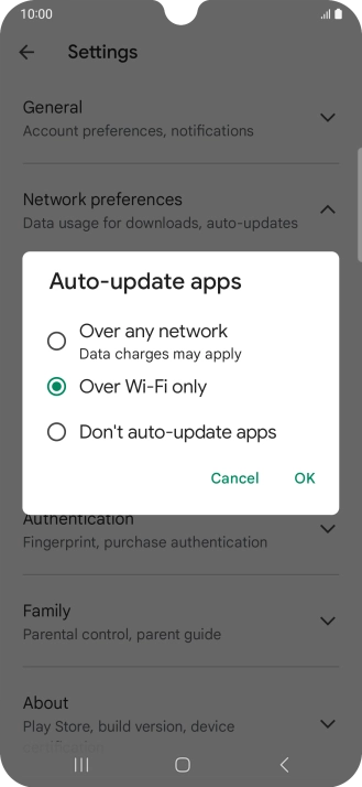 To turn on automatic update of apps using mobile network, press Over any network. To turn on automatic update of apps using mobile network, press Over any network.