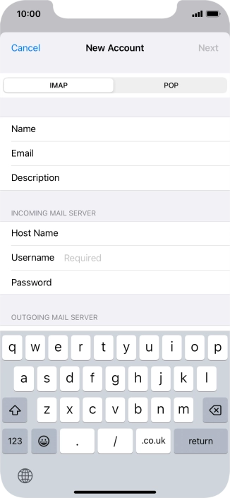 Press Username and key in the username for your email account. Press Username and key in the username for your email account.