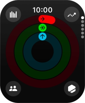 The screen will tell you how far you are from completing your daily activity goals. When the coloured rings are closed, you've reached the goals of your daily activity. The screen will tell you how far you are from completing your daily activity goals. When the coloured rings are closed, you've reached the goals of your daily activity.