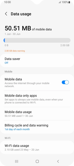 The total data usage is displayed. The total data usage is displayed.