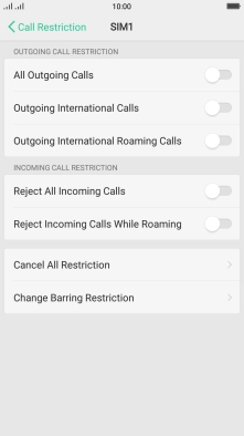 Press the field next to the required barring type to turn the function on or off. Press the field next to the required barring type to turn the function on or off.