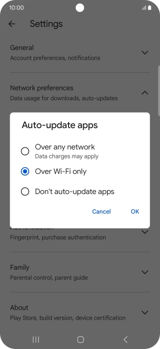 To turn on automatic update of apps using mobile network, press Over any network. To turn on automatic update of apps using mobile network, press Over any network.