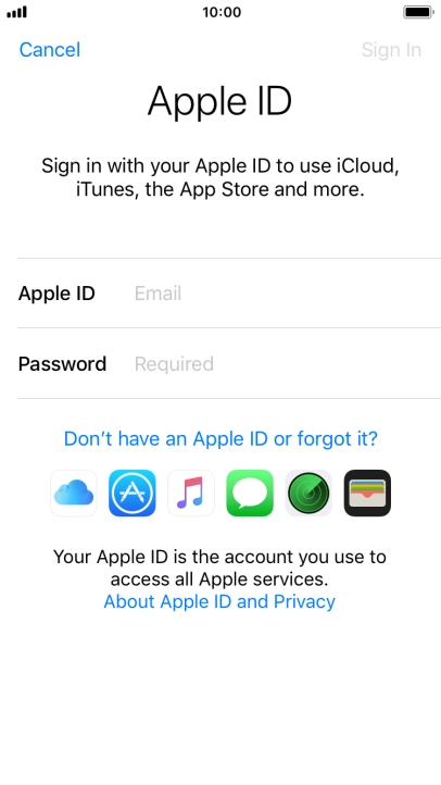 If you don t have an Apple ID, press Don't have an Apple ID or forgot it? and follow the instructions on the screen to create an Apple ID. If you don t have an Apple ID, press Don't have an Apple ID or forgot it? and follow the instructions on the screen to create an Apple ID.