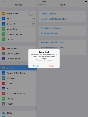Press Erase. Wait a moment while the factory default settings are restored.
Follow the instructions on the screen to set up your tablet and prepare it for use. Press Erase. Wait a moment while the factory default settings are restored.
Follow the instructions on the screen to set up your tablet and prepare it for use.