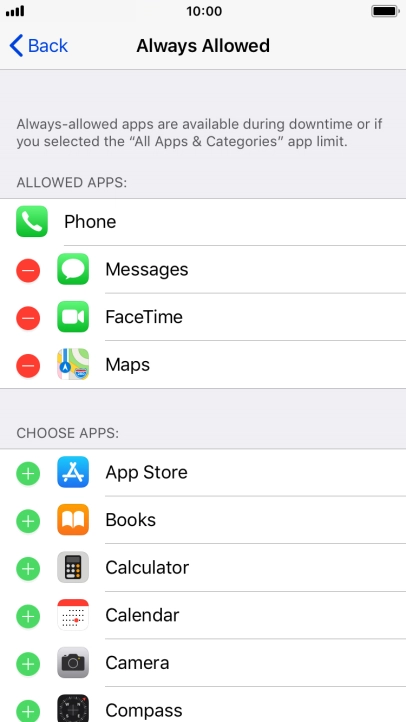 Press the add icon next to the required app to add it to the list of allowed apps during Downtime. Press the add icon next to the required app to add it to the list of allowed apps during Downtime.