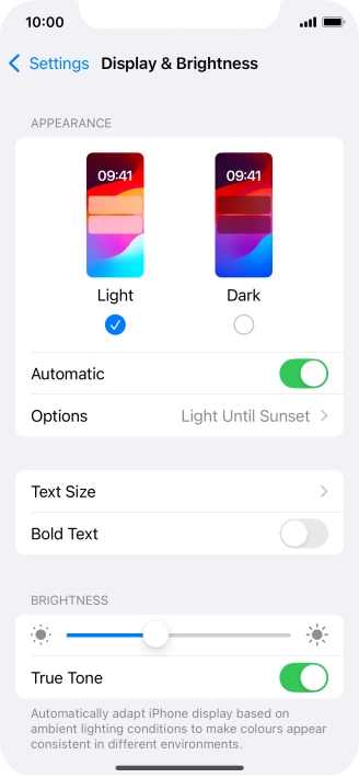 If you turn on the function, press Options and follow the instructions on the screen to select the required period of time for Dark Mode. If you turn on the function, press Options and follow the instructions on the screen to select the required period of time for Dark Mode.