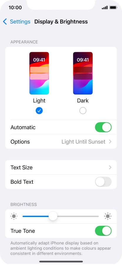 If you turn on the function, press Options and follow the instructions on the screen to select the required period of time for Dark Mode. If you turn on the function, press Options and follow the instructions on the screen to select the required period of time for Dark Mode.