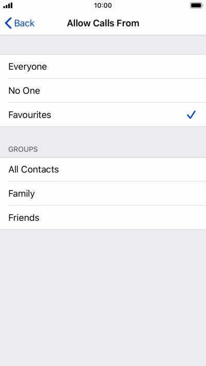 Press the required setting to select which contacts can call you even though Do Not Disturb is turned on. Press the required setting to select which contacts can call you even though Do Not Disturb is turned on.