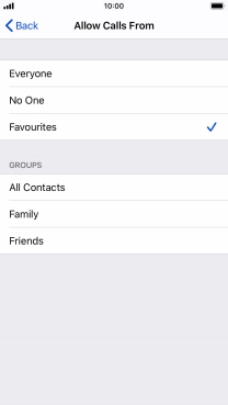 Press the required setting to select which contacts can call you even though Do Not Disturb is turned on. Press the required setting to select which contacts can call you even though Do Not Disturb is turned on.