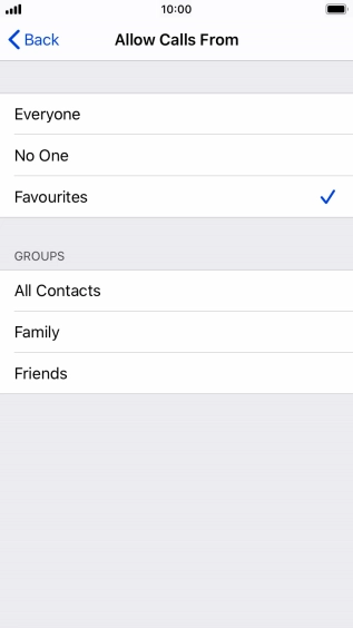 Press the required setting to select which contacts can call you even though Do Not Disturb is turned on. Press the required setting to select which contacts can call you even though Do Not Disturb is turned on.