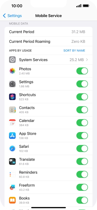 The data usage for each application is displayed below the name of the application. The data usage for each application is displayed below the name of the application.