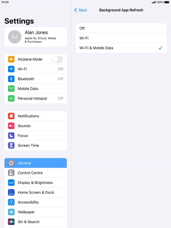 To turn off background refresh of apps, press Off. To turn off background refresh of apps, press Off.