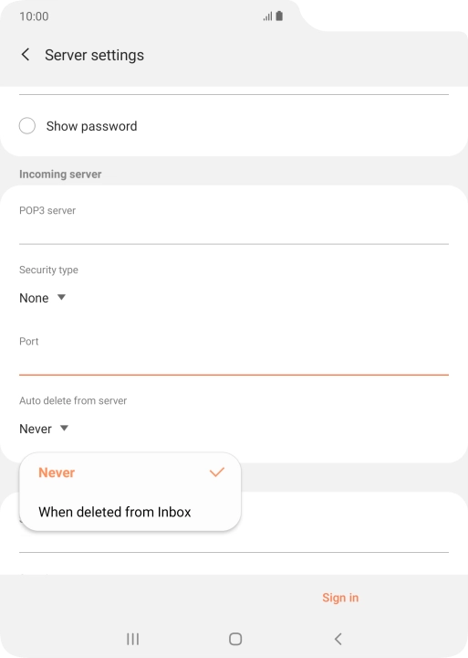 Press Never to keep email messages on the server when you delete them on your phone. Press Never to keep email messages on the server when you delete them on your phone.