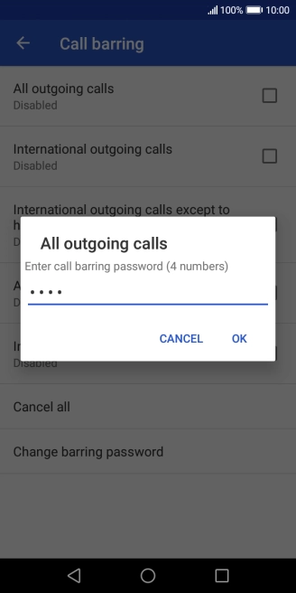 Key in your barring password and press OK. The default barring password is 0000. Key in your barring password and press OK. The default barring password is 0000.