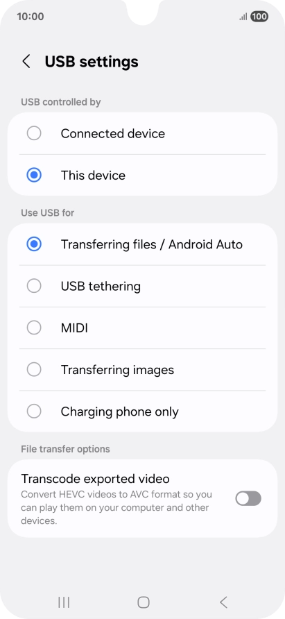 Press Transferring files / Android Auto. Press Transferring files / Android Auto.