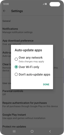 To turn on automatic update of apps using mobile network, press Over any network. To turn on automatic update of apps using mobile network, press Over any network.