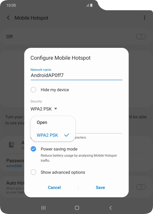 Press WPA2 PSK to password protect your Wi-Fi hotspot. Press WPA2 PSK to password protect your Wi-Fi hotspot.