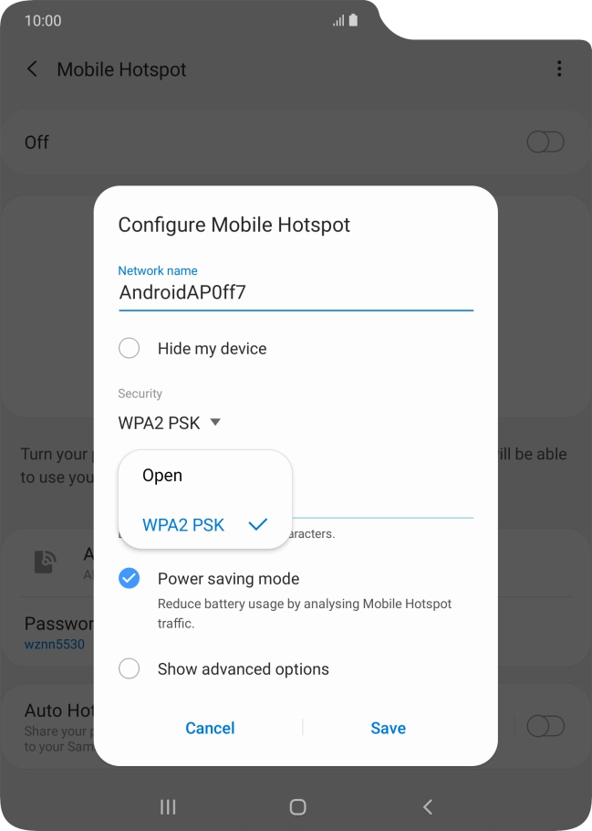 Press WPA2 PSK to password protect your Wi-Fi hotspot. Press WPA2 PSK to password protect your Wi-Fi hotspot.