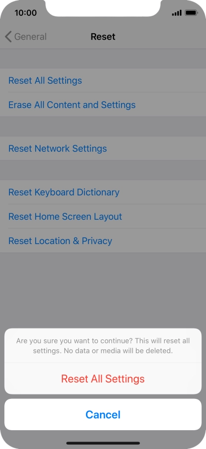Press Reset All Settings. Wait a moment while the factory default settings are restored. Follow the instructions on the screen to set up your phone and prepare it for use. Press Reset All Settings. Wait a moment while the factory default settings are restored. Follow the instructions on the screen to set up your phone and prepare it for use.