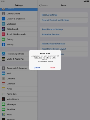 Press Erase. Wait a moment while the factory default settings are restored. Follow the instructions on the screen to set up your tablet and prepare it for use. Press Erase. Wait a moment while the factory default settings are restored. Follow the instructions on the screen to set up your tablet and prepare it for use.