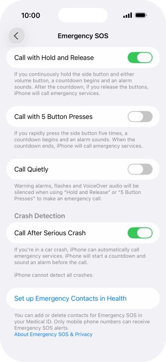 Press Set up Emergency Contacts in Health and follow the instructions on the screen to key in your emergency info and emergency contacts. Press Set up Emergency Contacts in Health and follow the instructions on the screen to key in your emergency info and emergency contacts.