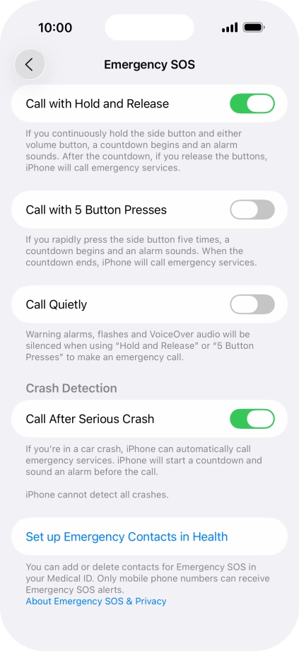Press Set up Emergency Contacts in Health and follow the instructions on the screen to key in your emergency info and emergency contacts. Press Set up Emergency Contacts in Health and follow the instructions on the screen to key in your emergency info and emergency contacts.