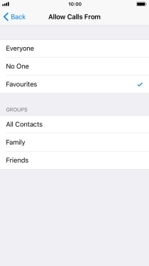 Press the required setting to select which contacts can call you even though Do Not Disturb is turned on. Press the required setting to select which contacts can call you even though Do Not Disturb is turned on.