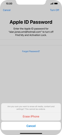 Key in the password for your Apple ID and press Erase iPhone. Wait a moment while the factory default settings are restored. Follow the instructions on the screen to set up your phone and prepare it for use. Key in the password for your Apple ID and press Erase iPhone. Wait a moment while the factory default settings are restored. Follow the instructions on the screen to set up your phone and prepare it for use.