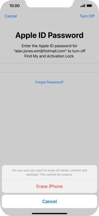 Key in the password for your Apple ID and press Erase iPhone. Wait a moment while the factory default settings are restored. Follow the instructions on the screen to set up your phone and prepare it for use. Key in the password for your Apple ID and press Erase iPhone. Wait a moment while the factory default settings are restored. Follow the instructions on the screen to set up your phone and prepare it for use.