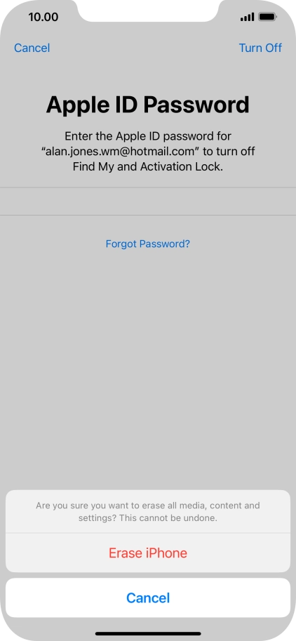 Key in the password for your Apple ID and press Erase iPhone. Wait a moment while the factory default settings are restored. Follow the instructions on the screen to set up your phone and prepare it for use. Key in the password for your Apple ID and press Erase iPhone. Wait a moment while the factory default settings are restored. Follow the instructions on the screen to set up your phone and prepare it for use.