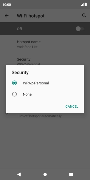 Press WPA2-Personal to password protect your Wi-Fi hotspot. Press WPA2-Personal to password protect your Wi-Fi hotspot.