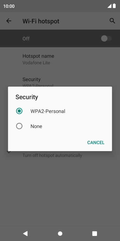 Press WPA2-Personal to password protect your Wi-Fi hotspot. Press WPA2-Personal to password protect your Wi-Fi hotspot.