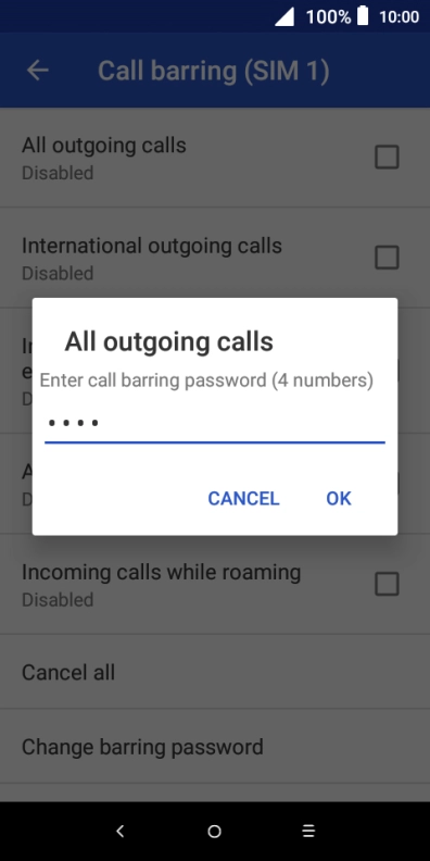 Key in your barring password and press OK. The default barring password is 0000. Key in your barring password and press OK. The default barring password is 0000.