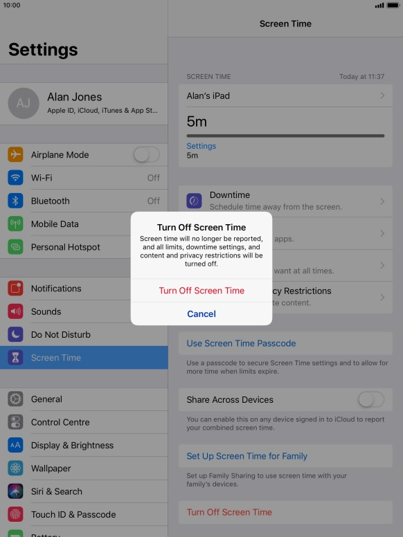 Press Turn Off Screen Time. Press Turn Off Screen Time.