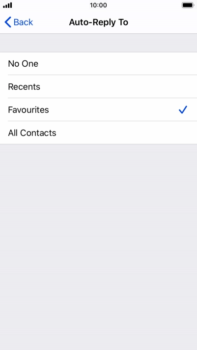 Press the required setting to select which contacts should automatically be notified that Do Not Disturb While Driving is turned on. Press the required setting to select which contacts should automatically be notified that Do Not Disturb While Driving is turned on.