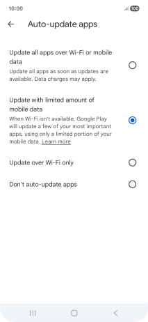 To turn on automatic update of apps using mobile network, press Update all apps over Wi-Fi or mobile data. To turn on automatic update of apps using mobile network, press Update all apps over Wi-Fi or mobile data.