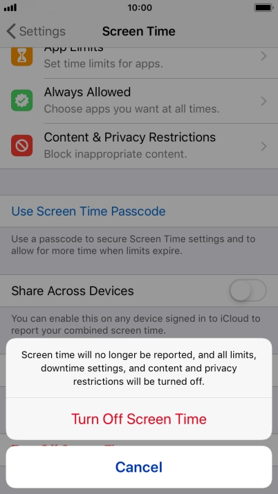 Press Turn Off Screen Time. Press Turn Off Screen Time.