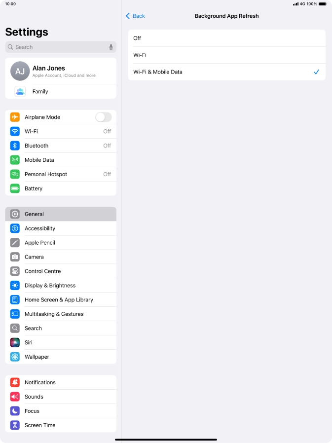 To turn off background refresh of apps, press Off. To turn off background refresh of apps, press Off.