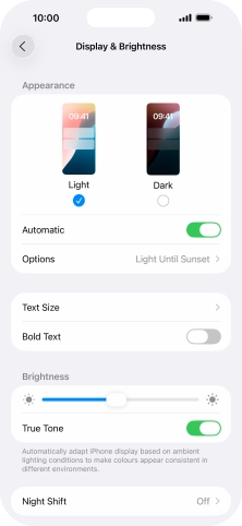 If you turn on the function, press Options and follow the instructions on the screen to select the required period of time for Dark Mode. If you turn on the function, press Options and follow the instructions on the screen to select the required period of time for Dark Mode.