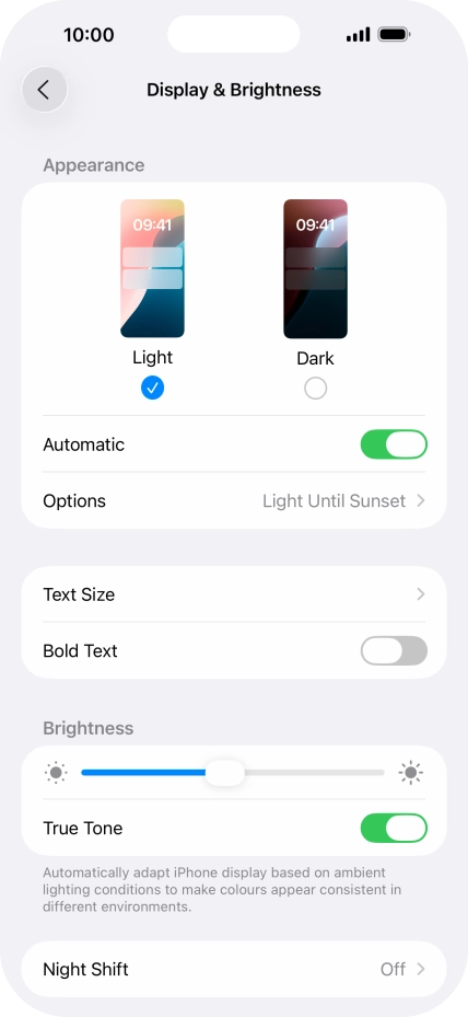 If you turn on the function, press Options and follow the instructions on the screen to select the required period of time for Dark Mode. If you turn on the function, press Options and follow the instructions on the screen to select the required period of time for Dark Mode.