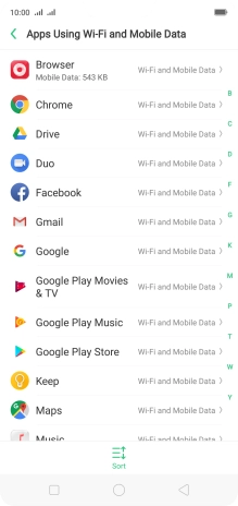 The data usage for each application is displayed below the name of the application. The data usage for each application is displayed below the name of the application.